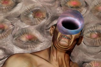 This collage shows the neck and head of a human, represented as a man. His face is not visible, it is covered by a section of the universe, a black hole. Around him you can see a collection of eyes covered with semi-transparent anuses.