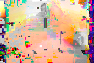 A glitchy image, with black ,peach, grey, red, and blue shattered pixels, which seems to have originally been a selfie-style photo of someone's lower body and feet in the bathtub