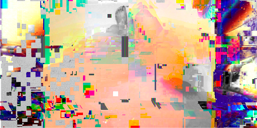 A glitchy image, with black ,peach, grey, red, and blue shattered pixels, which seems to have originally been a selfie-style photo of someone's lower body and feet in the bathtub