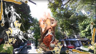 Google Street View, Image collage, Sonnenallee, Berlin. Excerpts from: Artist unknown, Freya and her Cat Chariot, 1886; Fresco of Edigna in the Linden, c. 1800, St. Sebastian in Puch Kirche.