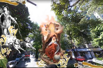 Google Street View, Image collage, Sonnenallee, Berlin. Excerpts from: Artist unknown, Freya and her Cat Chariot, 1886; Fresco of Edigna in the Linden, c. 1800, St. Sebastian in Puch Kirche.