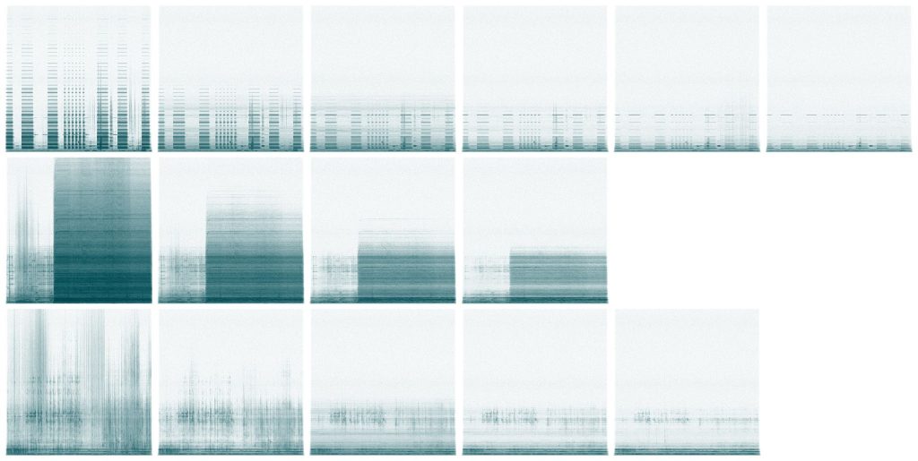 A landscape-oriented grid of three rows of square spectrogram images, six columns wide. The first row has six images, the second has four images, and the third has five images.
