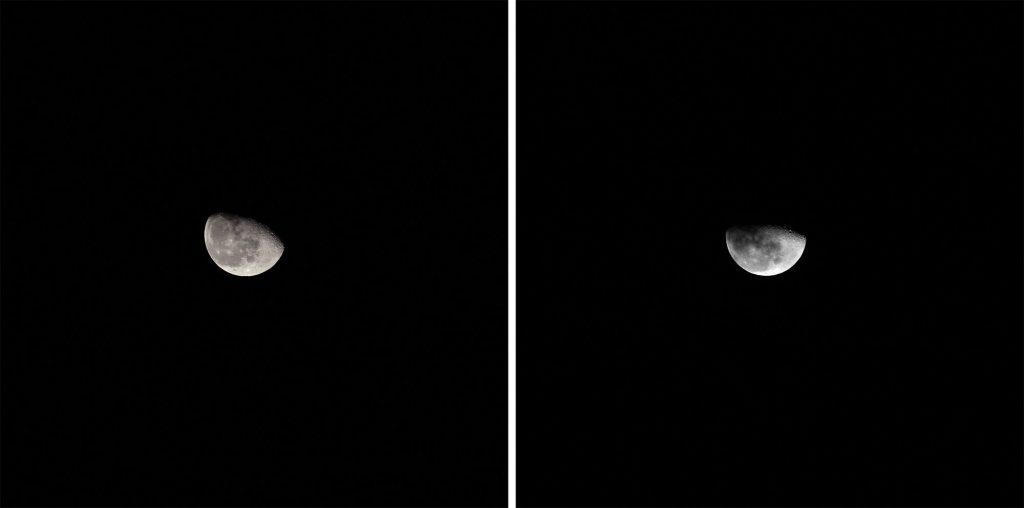 A diptych of two photos of the moon.
