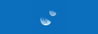 A collage of two photos of the moon against a blue background.