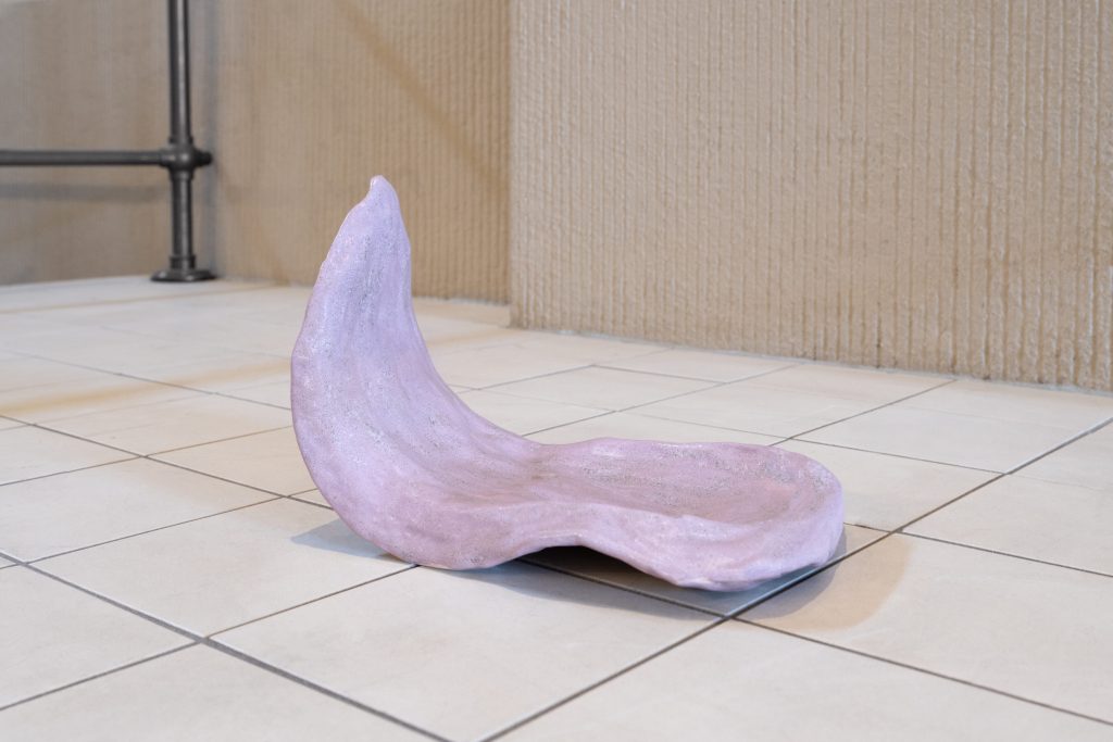 Here we see a ceramic sculpture of a human tongue on the ground. It is colored, or painted, to look very tongue-like, and it's curved, as though it's trying to lick someone.