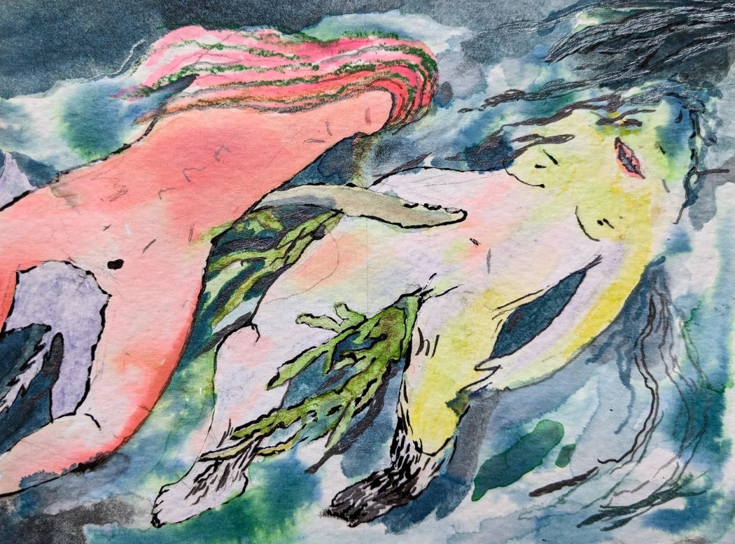 Watercolor of two trans bodies floating together in water. One pink being with long hair floating butt to the sun over a purple sting ray. One being light lemon green lavender and pink with furry legs on their back with seaweed floating between their crotch and being touched on their stomach by a tentacle. The water is dark blue and grey and filled with seaweed.