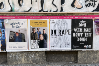 Multiple posters for concerts and events are wheat pasted to a wall. A poster for On Rape is visible in the middle, with the black text superimposed over a white wedding dress.